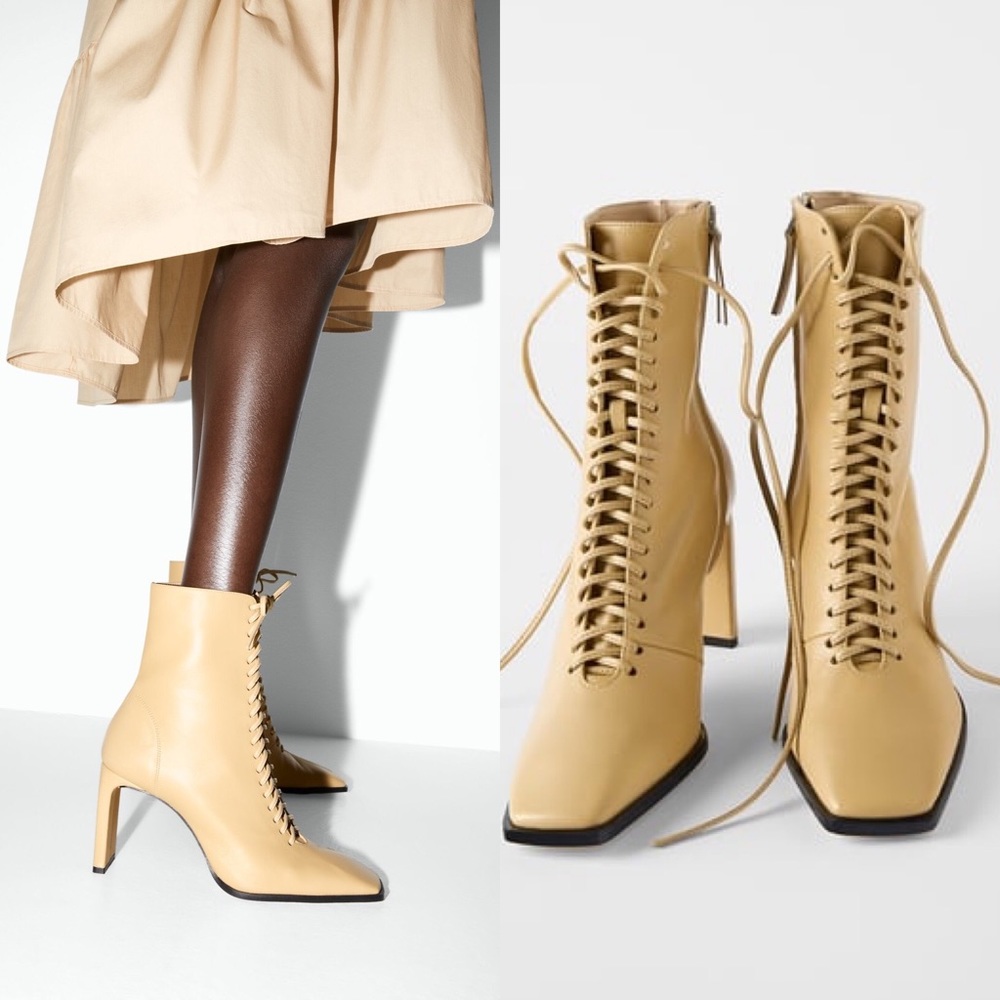 Zara Laced Up High Rectangular Heel Ankle Booties Beige Color NEW.